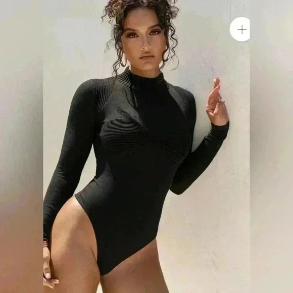 JLUXLABEL Women's XL Black Ribbed Long Sleeve Mock Neck Bodysuit - Picture 3 of 14